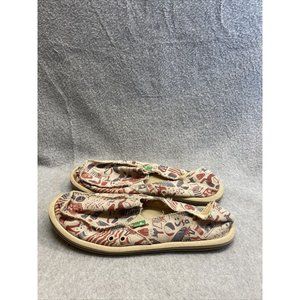 SANUK Women Sz 9 Slip On Flat SHOES Tan Red Blue 7 234 248 USA Firework Graphic